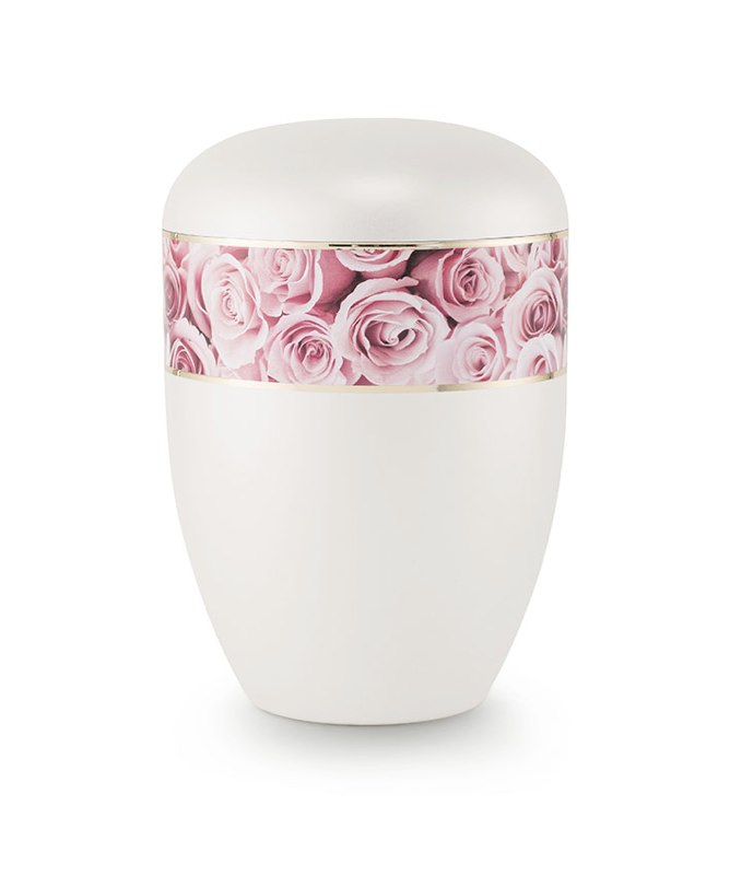 Produktfoto Urnenmodell weiß mit rosa Rosenblüten